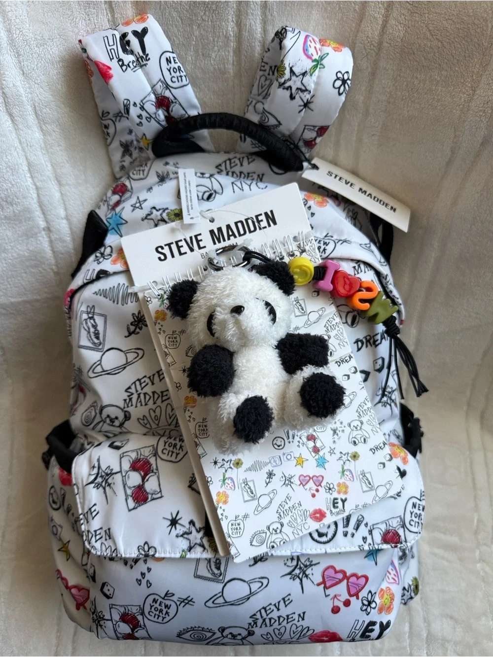 Steve Madden White Graphic Backpack with Panda Charm & Notebook